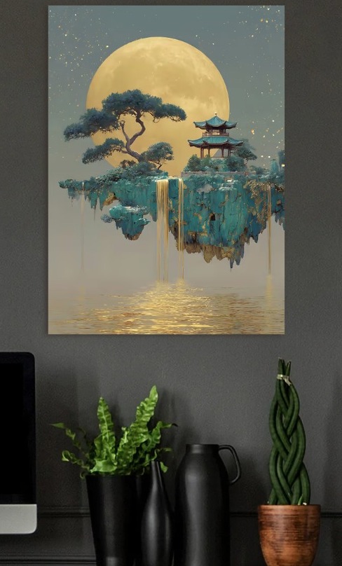 Floating Island with Pagoda and Waterfal — metal poster wall art by Lineer